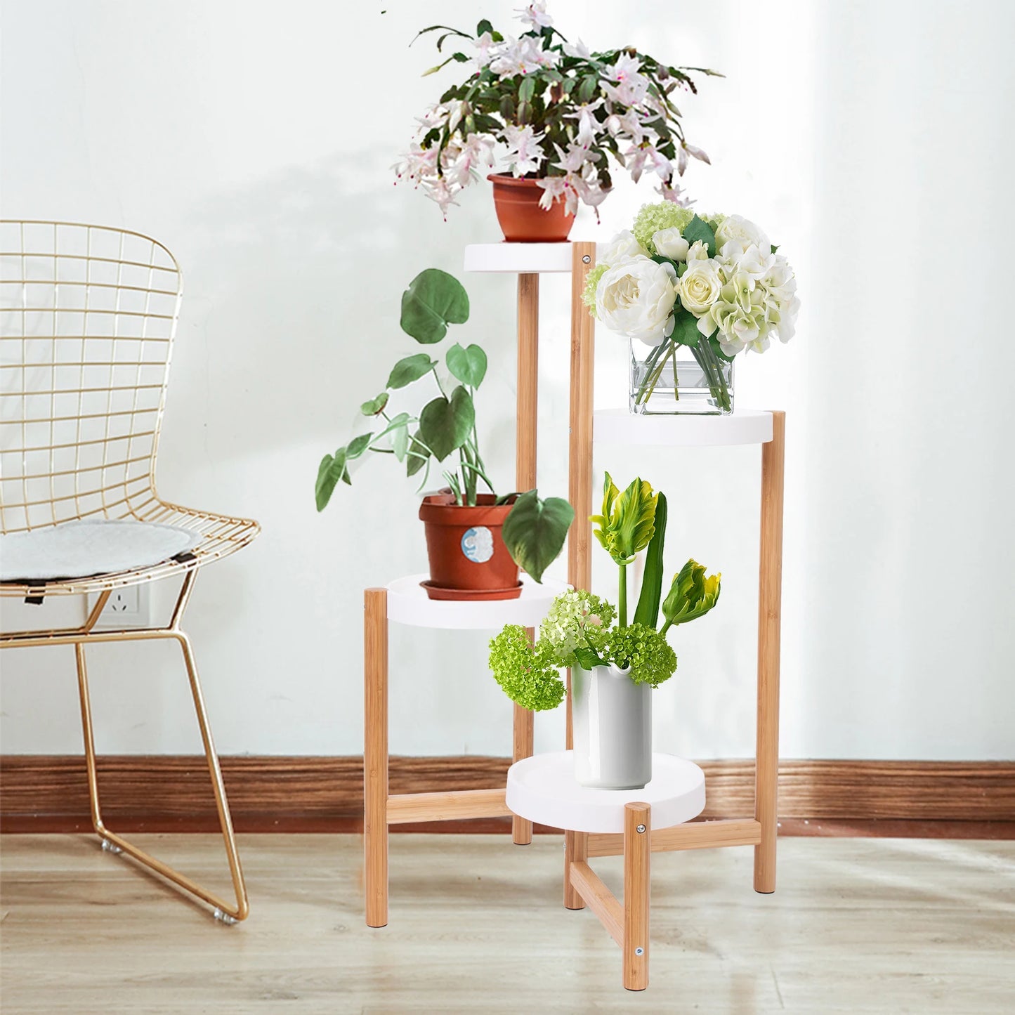 Corner Indoor Bamboo Plant Display Stand Tall Tall Flower Stand Rack 4 Tiers